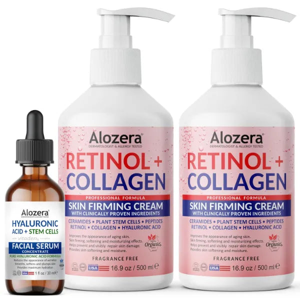 Alozera Retinol Collagen Body Lotion (2-Pack) & Hyaluronic Acid Serum with Stem Cells – Firming, Hydrating & Anti-Aging Skincare for Face, Neck & Body, Lightweight, Fragrance-Free