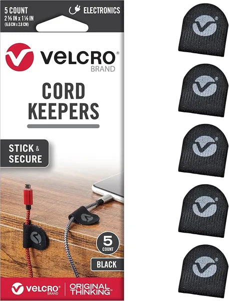 VELCRO Brand Cord Keepers 2 5/8" x 1 1/8" (5 Count) Cable Clips with Removable Adhesive - Black