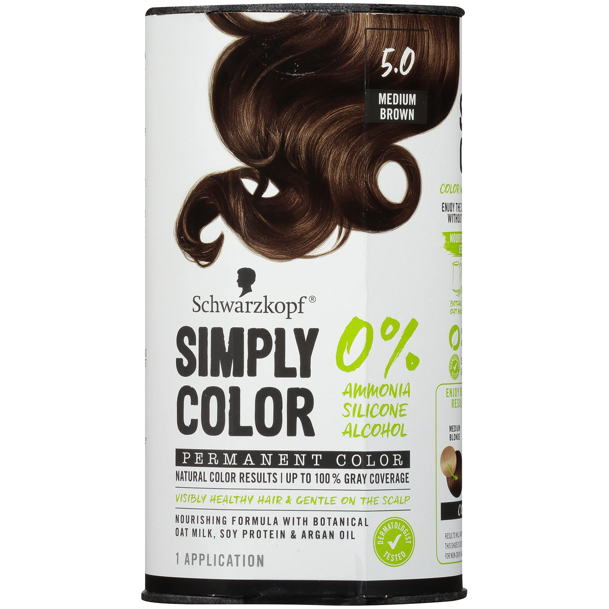Schwarzkopf Simply Color Hair Color 5.0 Medium Brown, 1 Application - Permanent Hair Dye for Healthy Looking Hair without Ammonia or Silicone, Dermatologist Tested, No PPD & PTD