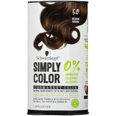 Schwarzkopf Simply Color Hair Color 5.0 Medium Brown, 1 Application - Permanent Hair Dye for Healthy Looking Hair without Ammonia or Silicone, Dermatologist Tested, No PPD & PTD