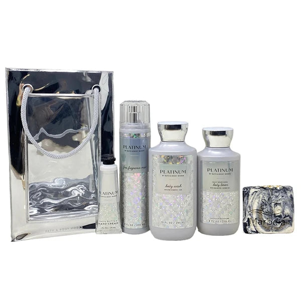 Bath & Body Works Platinum Deluxe Gift Bag Set - Fragrance Mist, Body Wash, Body Lotion and Hand Cream - with a Charcoal Scrub Bar Soap