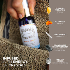 BALIPURA - Space Clearing Healing Aura Crystal Spray - Black Tourmaline & Selenite Crystals - Tea Tree, Lavender & Clary Sage Organic Essential Oils Blends - Handmade in Bali - 3.4 fl.oz