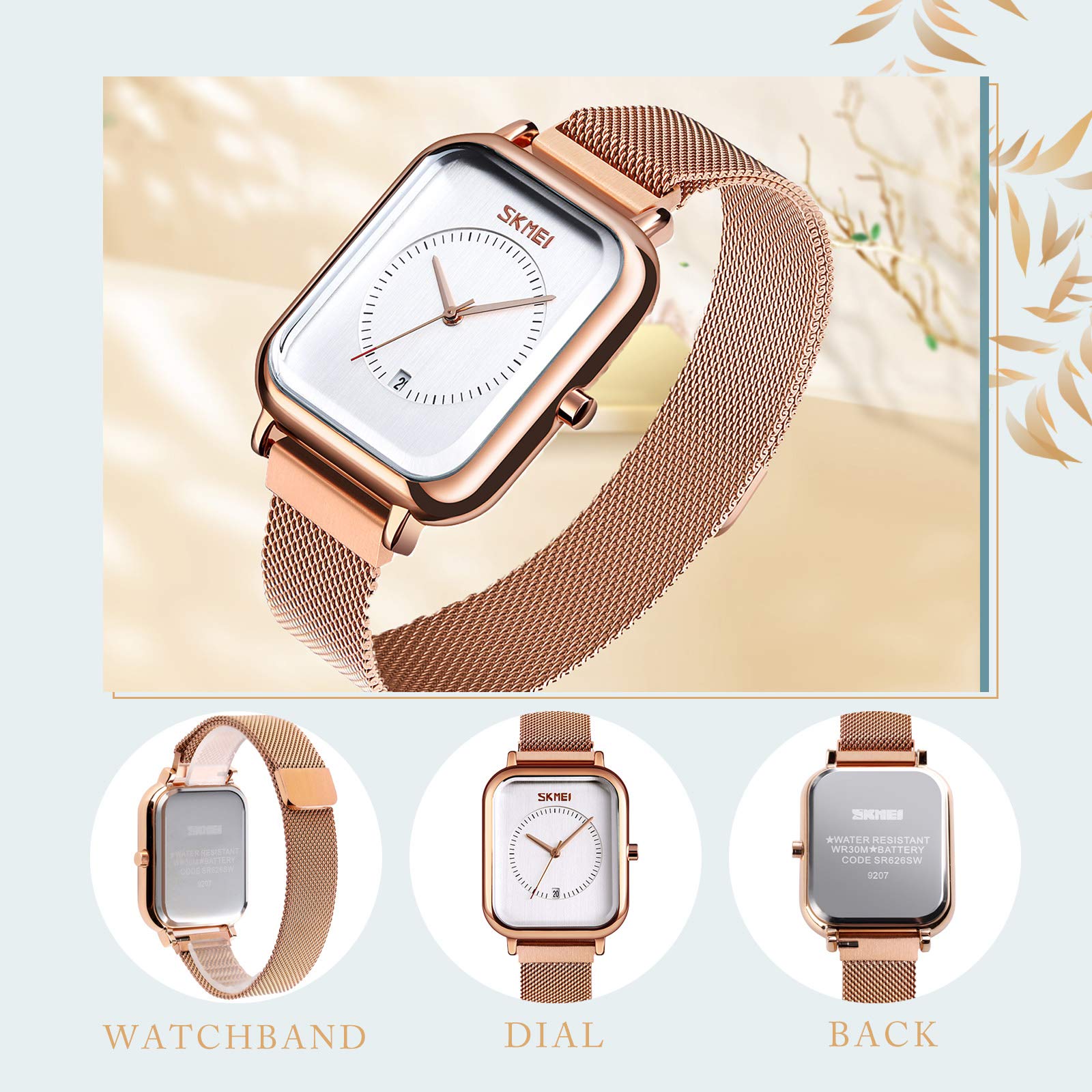 SKMEI Wrist Watch for Men Women, Fashion Waterproof Quartz Analog Watch with Time Date, Rectangle Dial Business Dress Hand Watch for Couple - Rose Gold