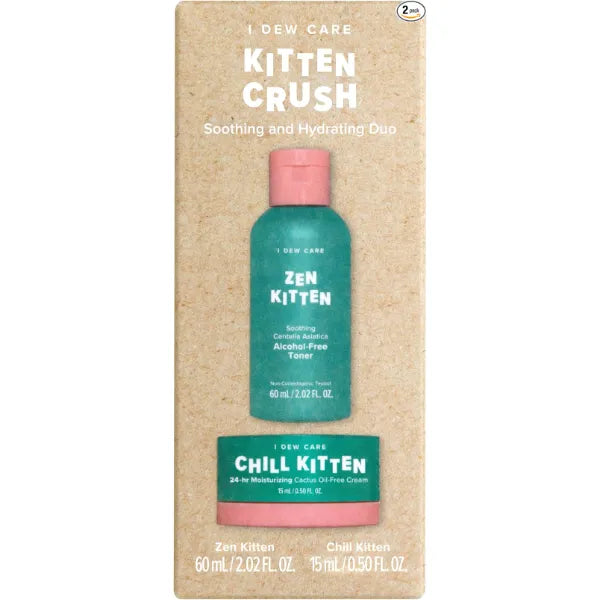 I Dew Care Travel Skincare Set Kitten Crush With Centella Asiatica, Prickly Pear, Aloe Vera, Heartleaf Extract, Hydrating, Facial Toner, and Moisturizer for Blemished Skin,Gift Set, Spa Day