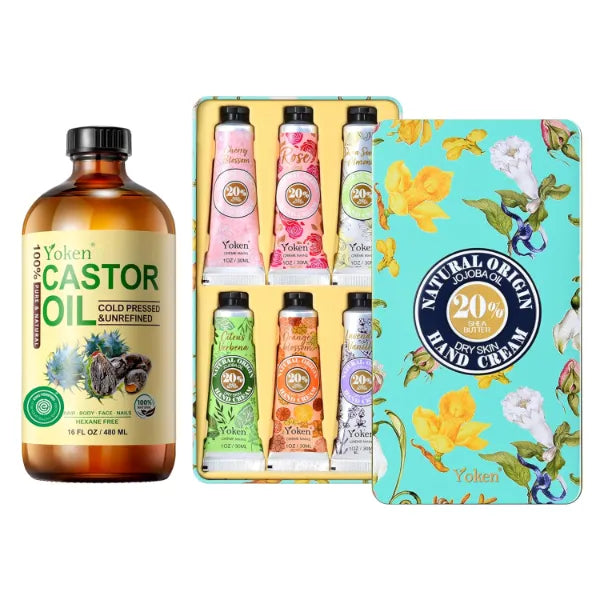 Yoken 20% Shea Butter Hand Cream Tin Set and EWG Verified Organic Cold Pressed Jojoba Oil in Glass Bottle 16 fl oz, Clean Ingredients, Deeply Nourishing Body Skin Hand Moisturizer