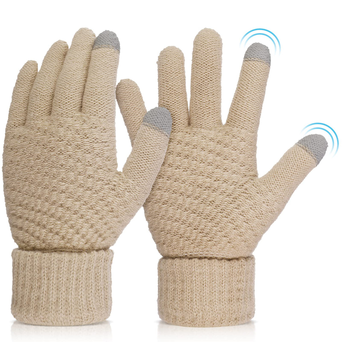 Women's Winter Warm Touchscreen Gloves, Thermal Knit Soft Fleece Lined Gloves Winter Texting Gloves Elastic Cuff Anti-Slip Gloves - Beige