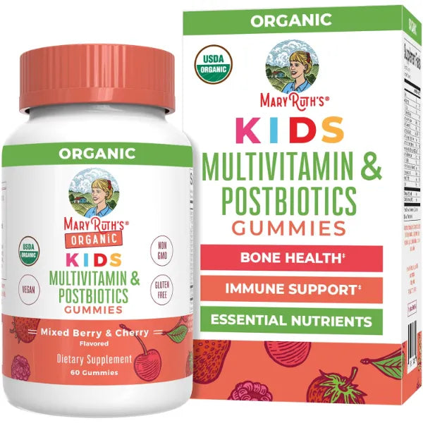 MARYRUTH'S USDA Organic Kids Multivitamin + Postbiotics Gummies, 60 Count | USDA Organic, Lactobacillus Rhamnosus, Vegan, Non-GMO, 60 Count