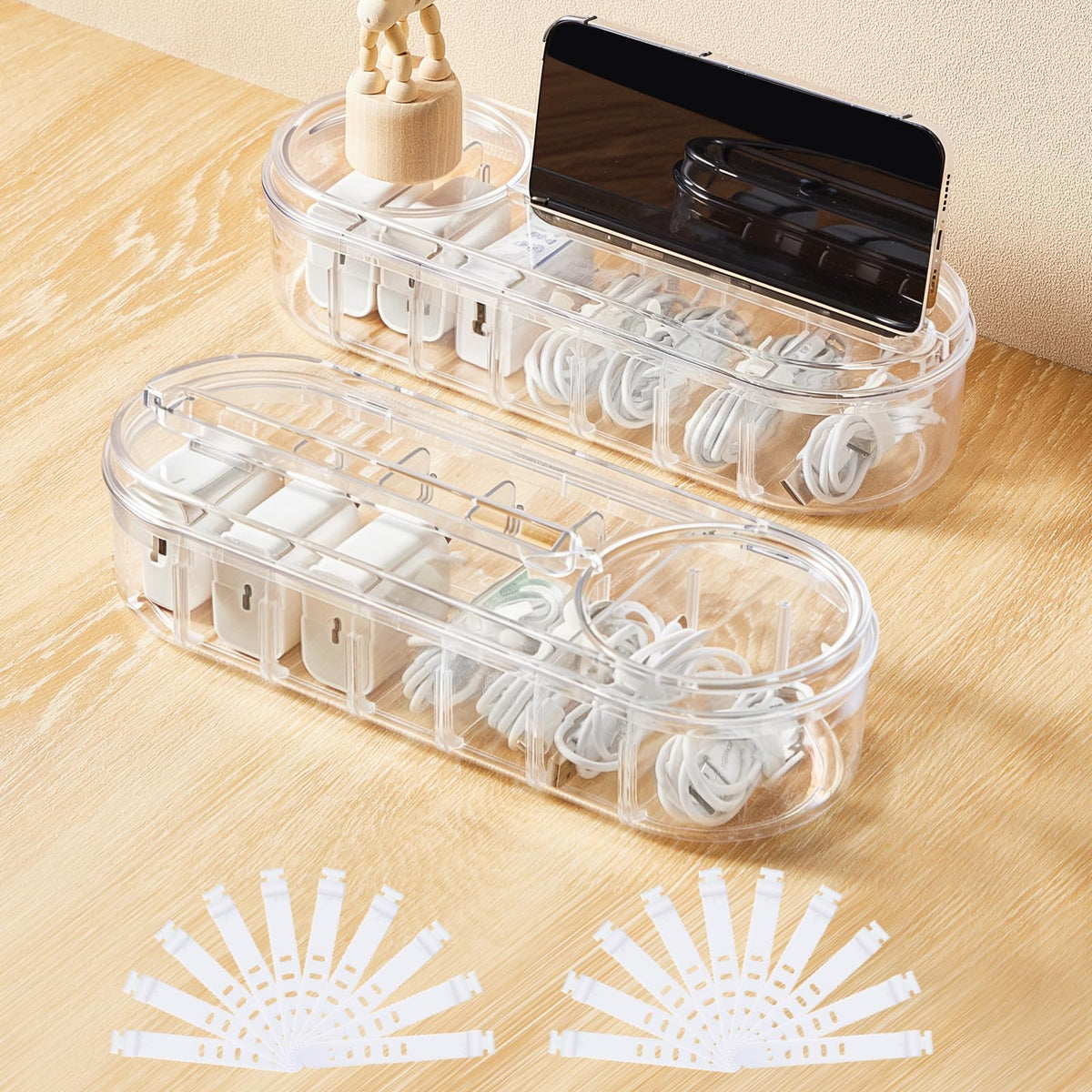 Azonee Cord Organizer Box, Plastic Cable Management Box with Lid, Dividers & Wire Ties, Ideal Electronics Storage for Home Office Desk, Transparent Design for Cables, Earphones, Accessories, 2 Pcs