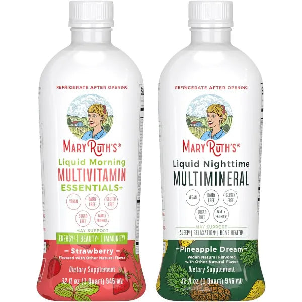 MARYRUTH'S Liquid Morning Multivitamin (Strawberry) & Liquid Nighttime Multimineral (Pineapple) | Clean Label Project Verified® | Vitamins & Magnesium for Energy, Bedtime, & Overall Health | Vegan