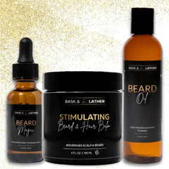 BASK & LATHER Beard Growth Bundle | Beard Growth Oil + Beard Magic + Stimulating Beard & Hair Balm | Natural Grooming Set for Fuller, Softer, Healthier Beard