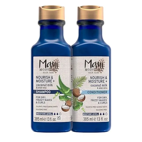 Maui Moisture Nourish & Moisture + Coconut Milk Shampoo + Conditioner to Hydrate and Detangle Curly Hair, Lightweight Daily Moisturizing Shampoo, Vegan, Silicone & Paraben Free, 13 Fl Oz