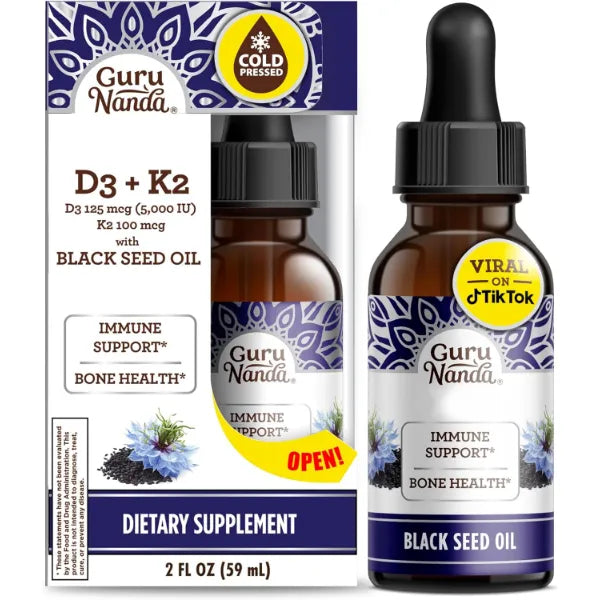 GuruNanda Black Seed Oil, Cold-Pressed Nigella Sativa - Rich in Vitamin D3 5000 Units, K2 & E, High Thymoquinone | Potent Antioxidant for Immune Support, 2 Fl oz
