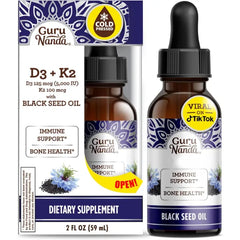 GuruNanda Black Seed Oil, Cold-Pressed Nigella Sativa - Rich in Vitamin D3 5000 Units, K2 & E, High Thymoquinone | Potent Antioxidant for Immune Support, 2 Fl oz