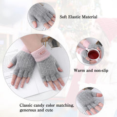 Fingerless Gloves for Women Warm - Winter Thermal Gloves Knitted Soft Half Fingers Mittens for Cold Weather Typing Working Driving - Pink/gray