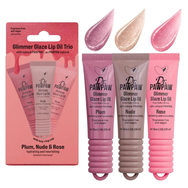 Dr. PawPaw Glimmer Glaze Trio Lip Oil Set 3 x 10ml, Rose, Plum and Nude Lip Oils, Hydrating Glossy Lip Oils with Sheer Tint and Subtle Shimmer for Glazed Lips
