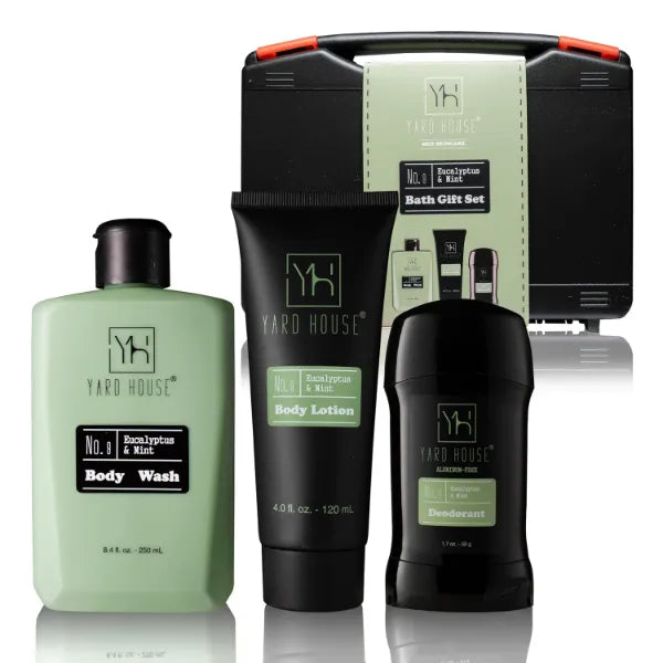 Yard House Mens Skincare Gift Set – Eucalyptus & Mint Body Wash, Lotion & Deodorant in Travel Case Premium Grooming Kit for Men