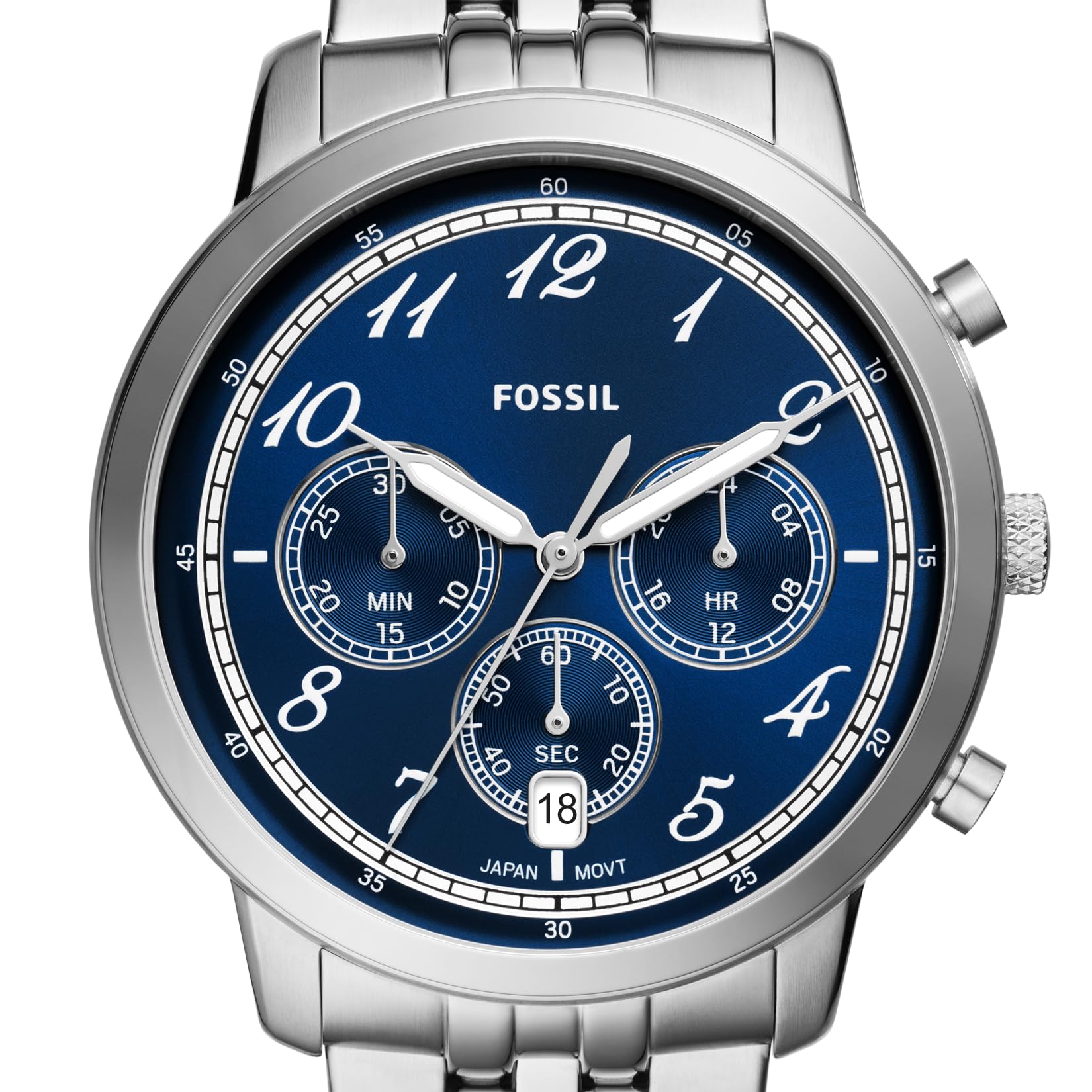 Fossil Men's Neutra Arabic Chronograph Stainless Steel Watch, Color: Silver/Blue Arabic (Model: FS6025)