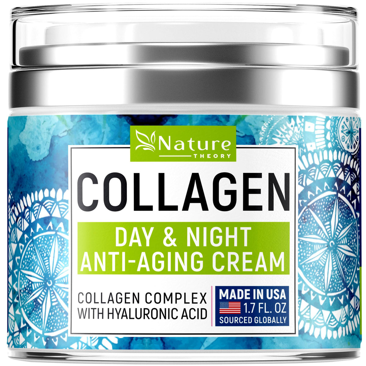 NATURE THEORY Collagen Cream - Anti Aging Face Moisturizer - Day & Night - Made in USA - Natural Formula with Hyaluronic Acid & Vitamin C - Cleanse, Moisturize, and Protect Your Skin