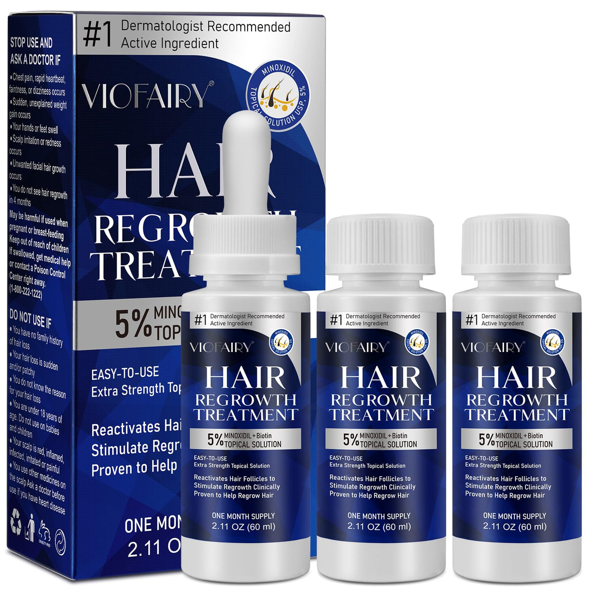 5% Minoxidil for Men and Women, Hair Regrowth Treatment for Thinning Hair and Hair Loss, Topical Solution - 3 Months Supply - Dermatologist recommended (Pack of 3)