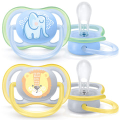 PHILIPS AVENT Ultra Air Pacifier, 0 6 Months, Elephant,Lion, 4 Pack, SCF085/07, Blue/Green, 4 Count (Pack of 1)