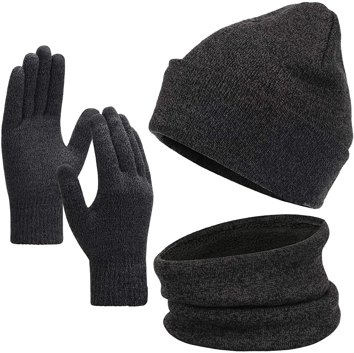 KASTWAVE Winter Beanie Hat Scarf Touchscreen Gloves Set Knit Thick Fleece Lined Warm Touchscreen Gloves Beanie Scarf Set for Men and Women. Women Winter Hats 3-Piece Warmer Set, One Size - Dark Gray