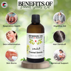 Drsous Ca Organic Fennel Essential Oil 100ml | 100% Pure Cold Pressed Fennel Therapeutic Grade Oil for Skin care, Hair care, Muscle and Joint Relief | Made in Palestine