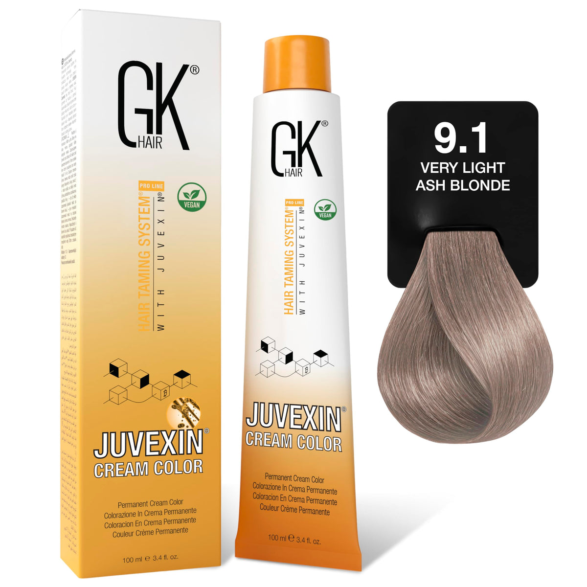 GK HAIR Global Keratin Permanent Hair Cream Color (3.4 Fl Oz/100ml) Nourishing & Cleansing Colors for Styling High Performance Long Lasting Natural Toner Hair Dye Tubes - Unisex, 9.1 Very Light Blonde