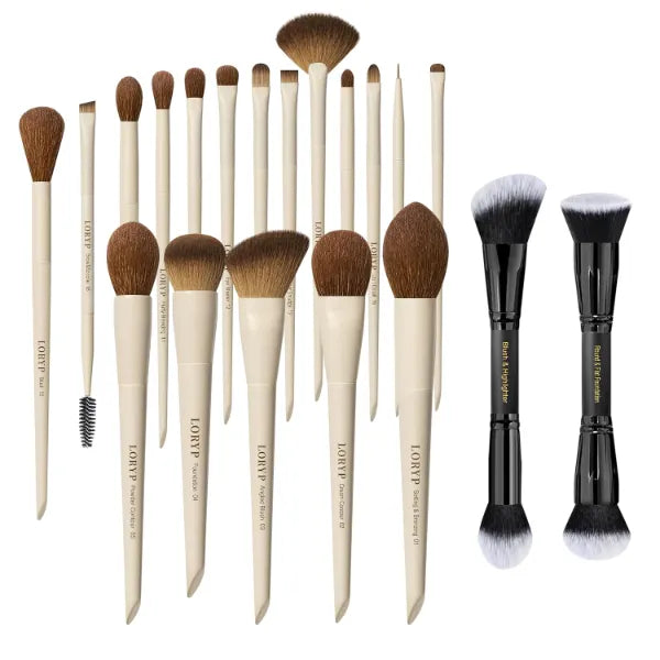 LORYP Makeup Brushes Set Labeled 18 Piece Face and Eye Brush Set with 2Pcs Duo End Foundation Powder Brush Set