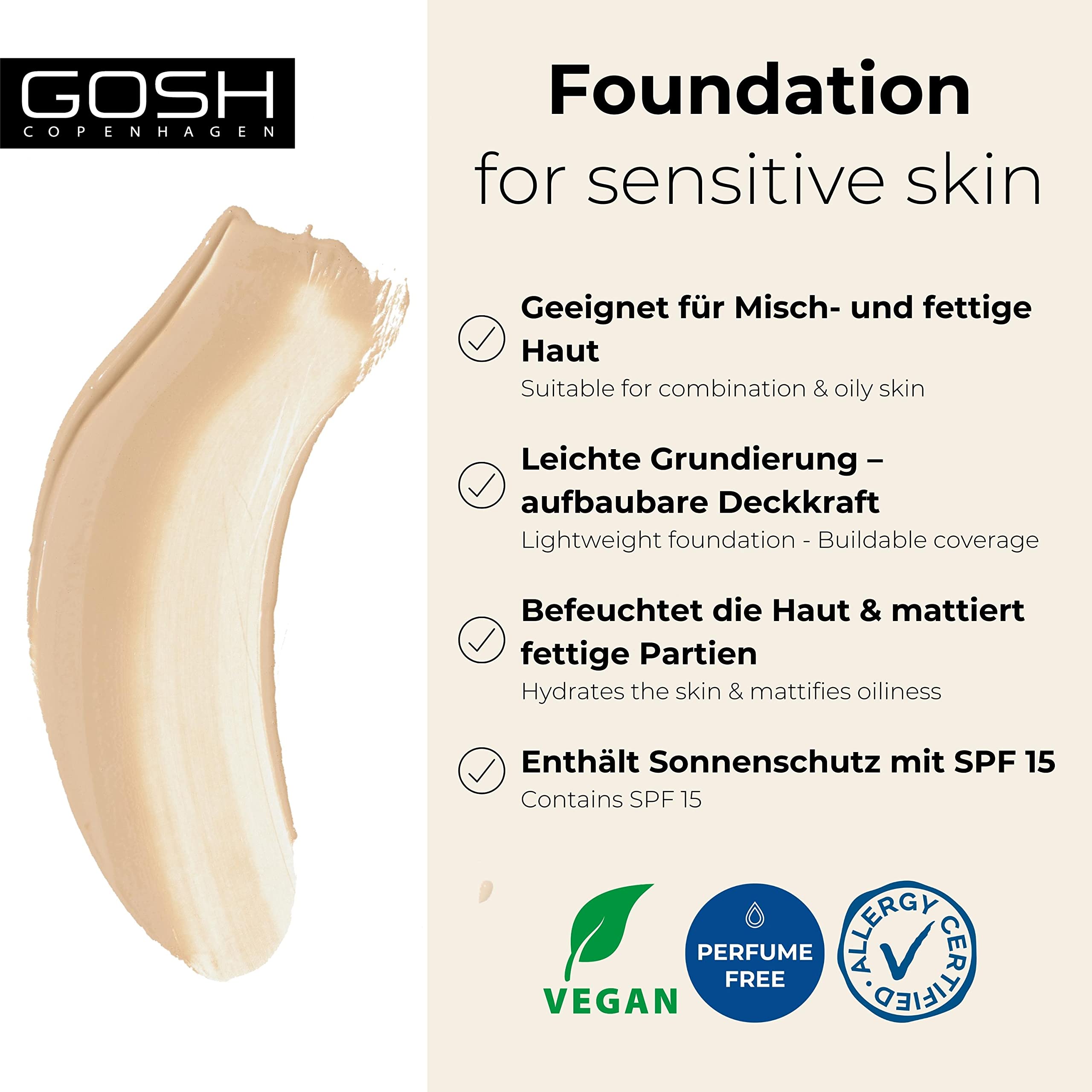 GOSH Foundation with SPF 15 for Light and Dark Skin, Vegan, Matte Makeup for Dry, Sensitive and Oily Skin, Smudge- and Sweat-Proof, Oil-Free, Adjustable Coverage, No Mask Effect, 006N