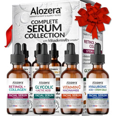 Alozera Face Serum Set of 4 with Retinol, Collagen, Vitamin C, Niacinamide, Hyaluronic Acid & Glycolic Acid, Exfoliating, Hydrating, Brightening, Anti-Aging Skincare, Serum Gift Pack of 4