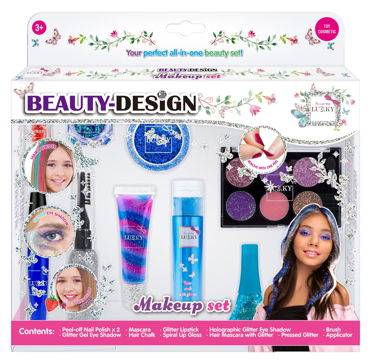 Lukky Beauty Design Set - 12 Pc,Complete Glitter Makeup Kit for Girls,Includes Eyeshadow Palette, Lip Gloss, Peel-Off Nail Polish, Hair Chalk, Glitter Mascara, & More for Creative Beauty Fun