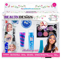 Lukky Beauty Design Set - 12 Pc,Complete Glitter Makeup Kit for Girls,Includes Eyeshadow Palette, Lip Gloss, Peel-Off Nail Polish, Hair Chalk, Glitter Mascara, & More for Creative Beauty Fun