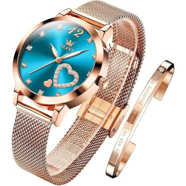 KASTWAVE Ladies Watch Japanese Quartz Rose Gold Stainless Steel Mesh Strap Diamond Luxury Dress Waterproof Femal Wrist Watch Bracelet Sets