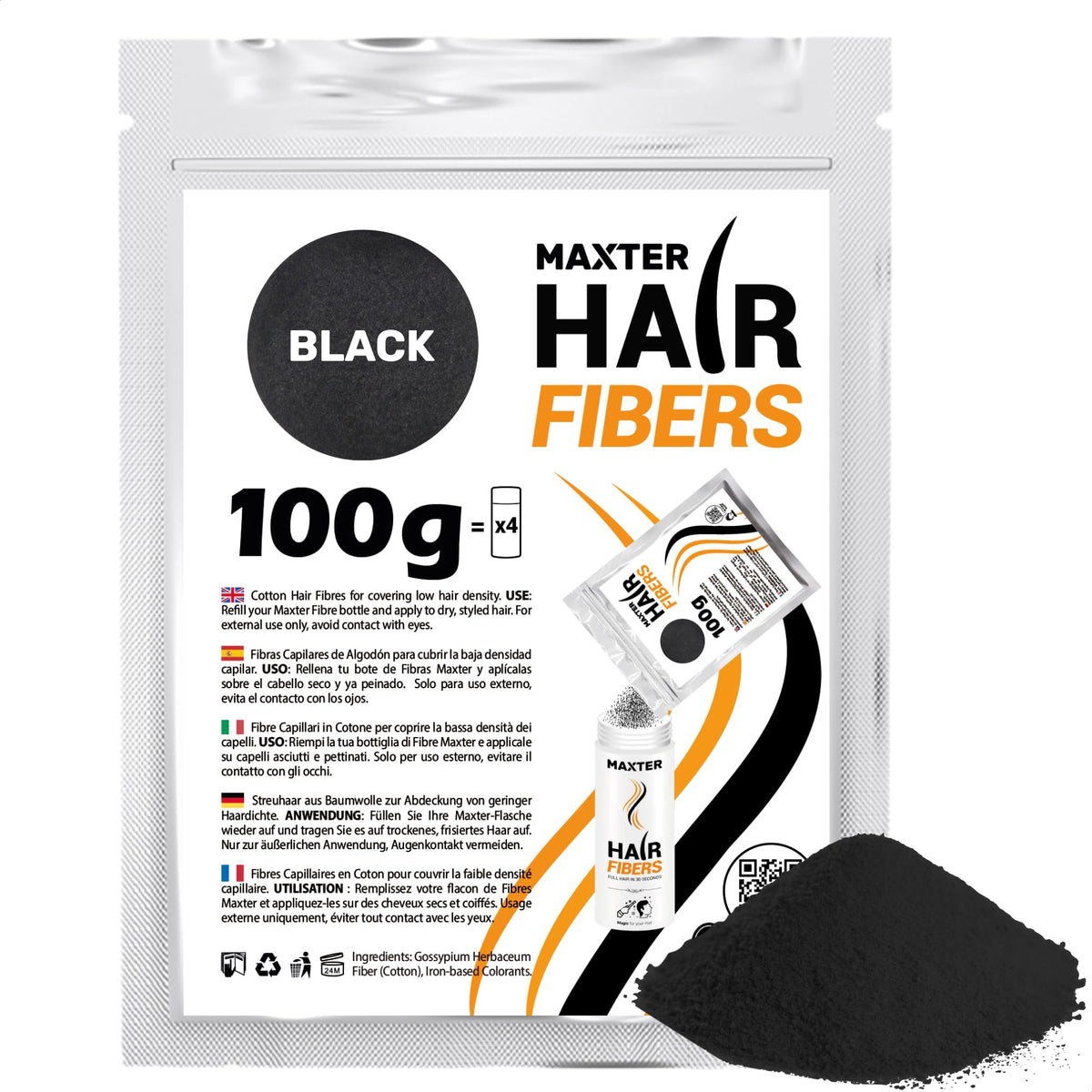 Maxter Hair Refill Bags Black 100g - Hair Fibers for Men and Women - 100% Natural Powder for Building, Thickening and Covering
