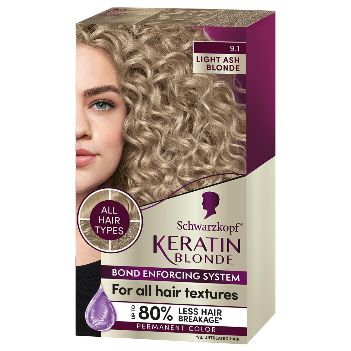 Schwarzkopf Keratin Color Permanent Hair Dye Cream 9.1 Light Ash Blonde, 1 Kit