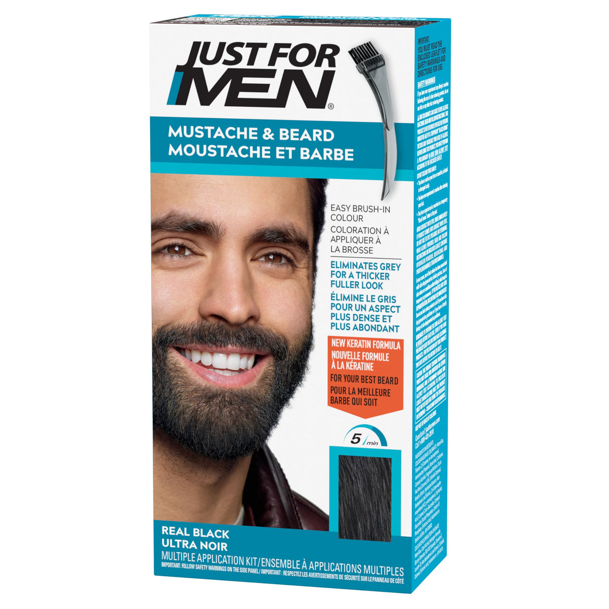 Just For Men Mustache & Beard, Beard Dye for Men with Brush Included for Easy Application, With Biotin Aloe and Coconut Oil for Healthy Facial Hair, Real Black, M-55 (1 Count)