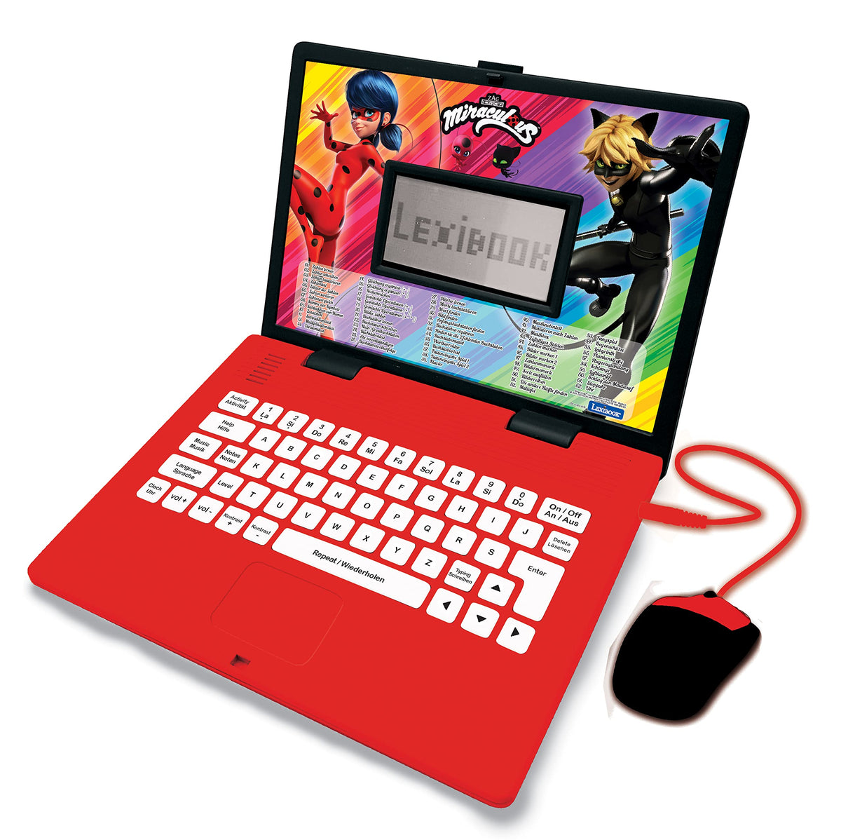 Lexibook Miraculous Ladybug Cat Noir, Educational and Bilingual Laptop German/English, Toy for Child Kid (Boys & Girls) 124 Activities, Learn Play Games and Music with LadyBug, Red/Black