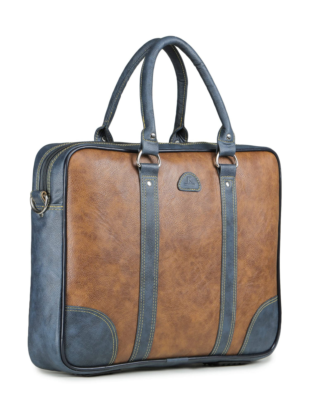 K London Artificial Leather Unisex 15.6 inches |Laptop Bag |Cross Over Shoulder Messenger Bag |(1803_tan) (Two Tone Tan & Blue)