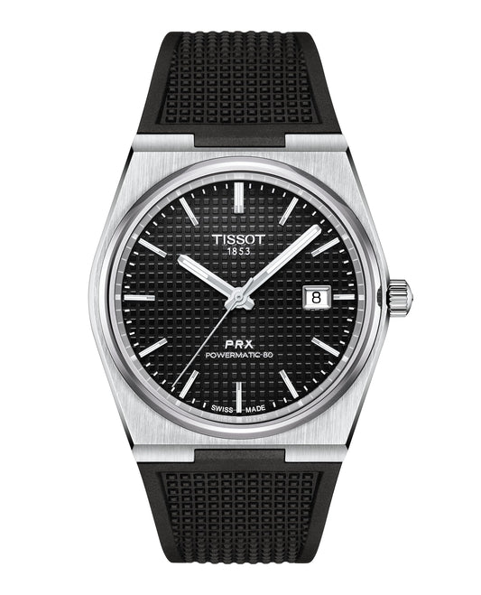 Tissot Mens PRX Powermatic 80 316L Stainless Steel case Automatic Watches, Black, Rubber, 12 (T1374071705100)