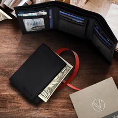 VALENCHI Men's Genuine Leather Rfid Blocking Slim Trifold Wallet With 7 Cards+1 Id Window+2 Note Compartments - Black Nappa