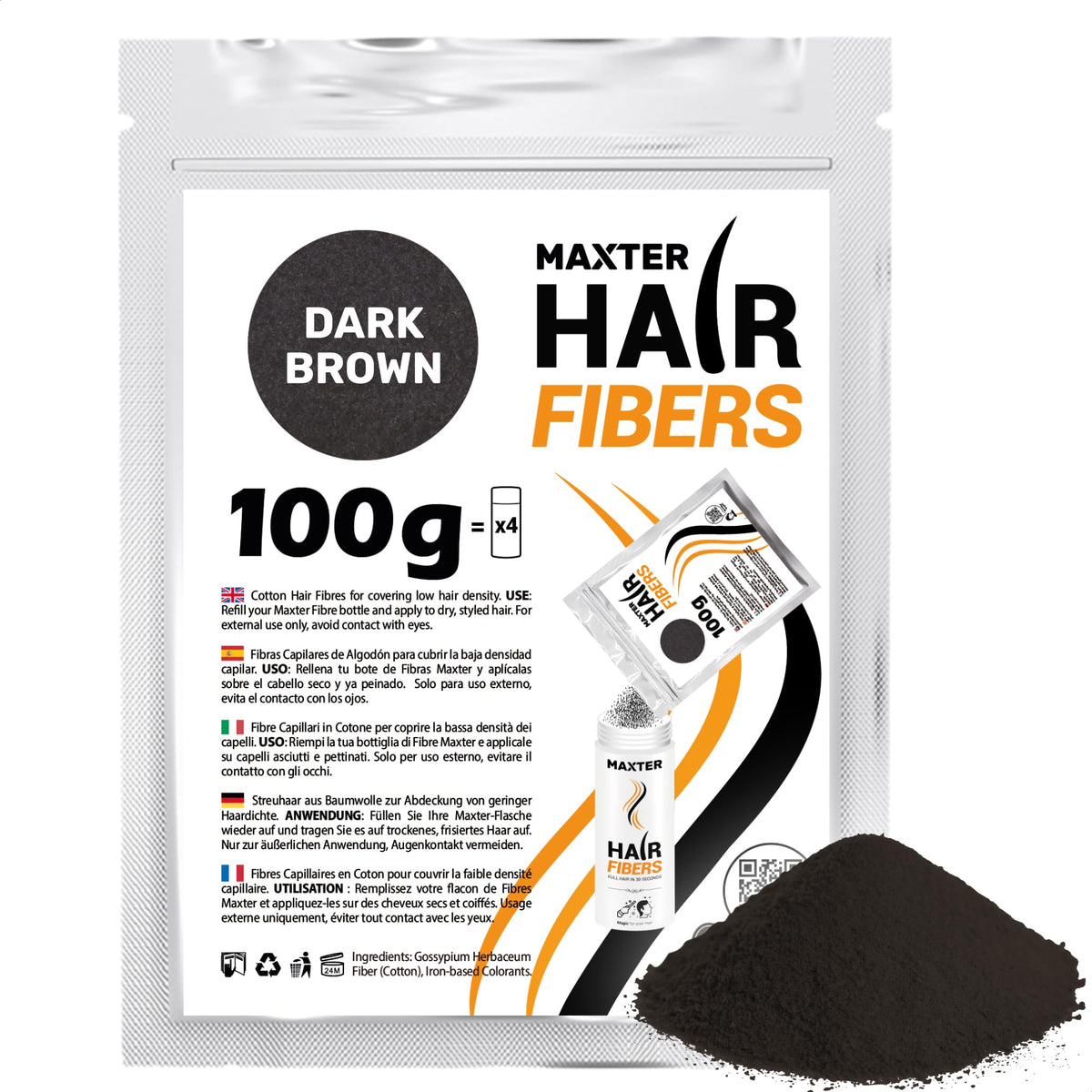 Maxster Refillable Hair Fibers Dark Brown 100g - Hair Fibers for Men and Women - 100% Natural Powder for Building, Thickening and Covering