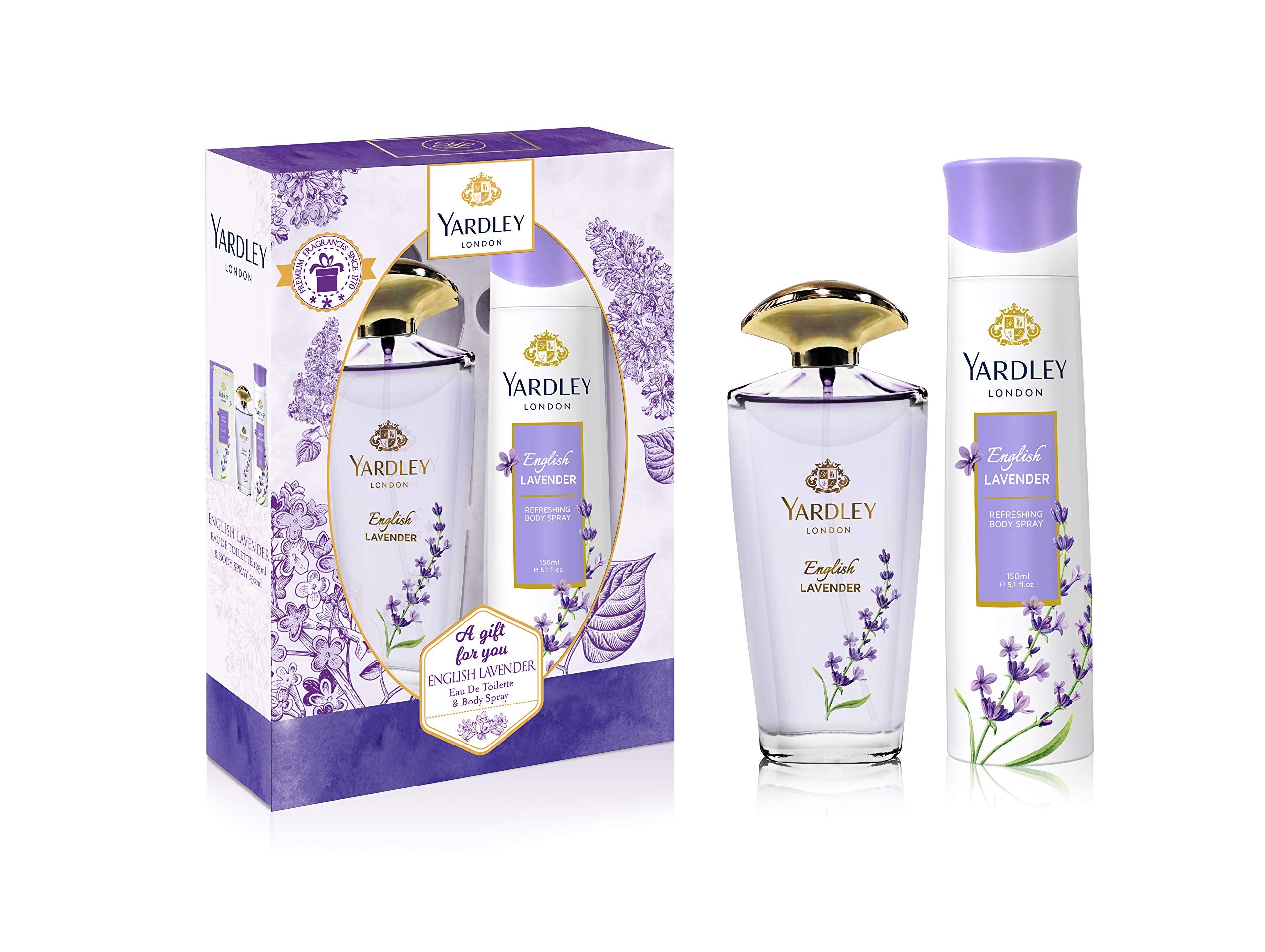 YARDLEY English Lavender Perfumed Gift Set, Floral Aromatic Freshness, Relaxing And Calming Scent, Eau De Toilette 125 ml + Body Spray 150 ml