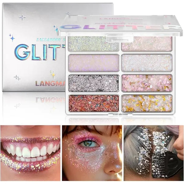 LANGMANNI 8 Colors Face & Body Glitter Palette Holographic Changing Sparkling Mermaid Sequins for Women Girls Music Festival Party Rave Makeup