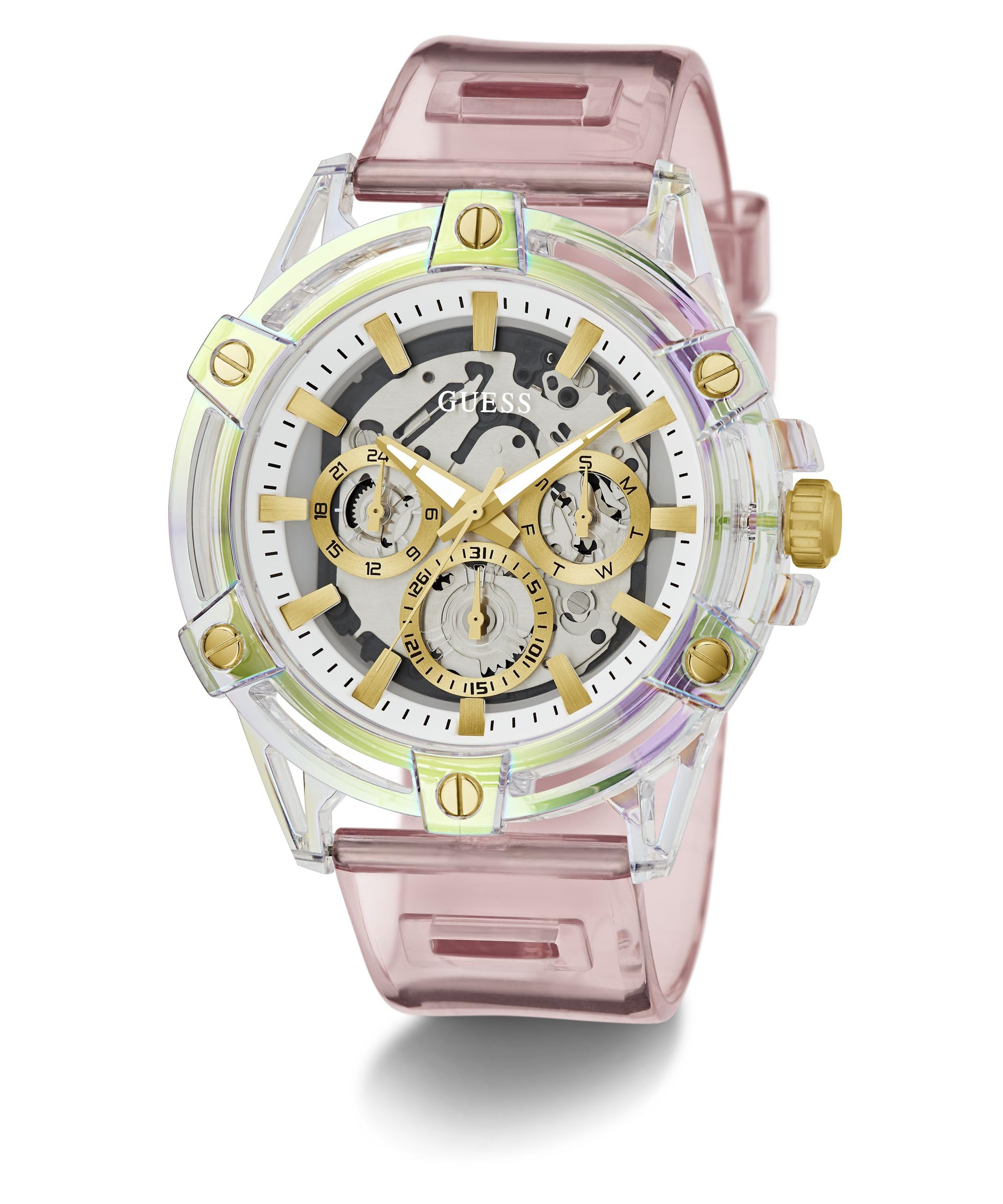 GUESS TRANSPARENT CLEAR BIO BASED NYLON CS W/AB COATING/TRANSPARENT CLEAR MF DL/TRANSPARENT PINK BIO BASED PU STRP