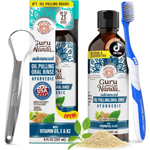 GuruNanda Advanced Oil Pulling Mouthwash for Enhanced Oral Care with Sesame & Oregano Oil, Promotes Deep Cleaning for Healthy Teeth & Gums, with Toothbrush and Tongue Scraper, Alcohol-Free, 8 Oz
