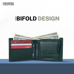 HAMMONDS FLYCATCHER Genuine Leather Wallet for Men - RFID Protected Leather Purse for Men, Money Purse for Men, Bi-Fold Wallet - 6 Card Slots, 1 Card Case, Coin Pocket, Hidden Pockets - Green