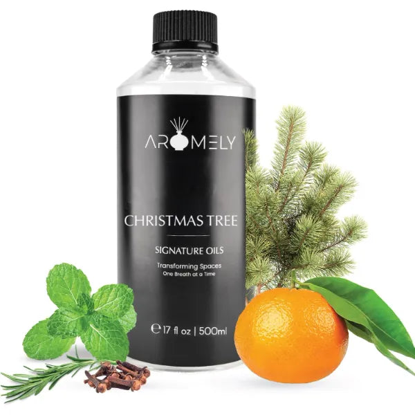 AROMELY Christmas Tree Essential Diffuser Oil Blend- Signature Diffuser Aroma Scent - Luxurious Fragrance with Notes of Mandarin, Orange, Rosemary, Eucalyptus, Clove, Amber and Vanilla (500ml)