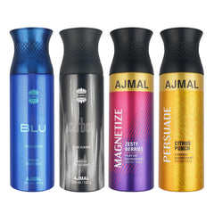 Ajmal 1 Blu Homme for Men, 1 Carbon Homme for Men, 1 Magnetize and 1 Persuade for Men & Women Deodorants each 200ML Combo pack of 4 (Total 800ML) + 4 Parfum Testers