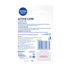 NIVEA MEN Lip Balm, Active Care No Shine (SPF 15), 4.8g