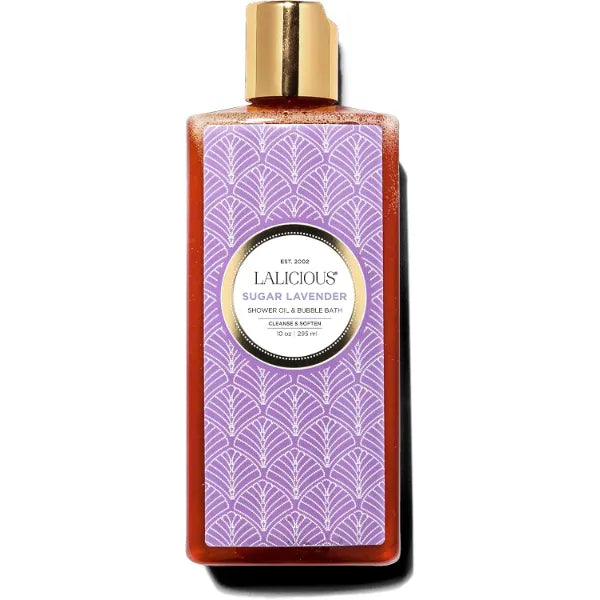 LaLicious Sugar Lavender Shower Oil & Bubble Bath - Natural Shower Cleanser with Topical Probiotics & Grapeseed Oil - Bath Soap Product for Shower, Bath & Shaving, No Parabens - 10oz